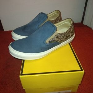 Kids Fendi  Boat sneakers denim blue suede and brown and tan "FF" logo worn 2X